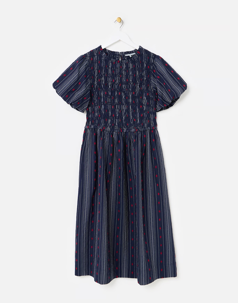 Navy Blue Striped Floral Jacquard Shirred Bodice Midi Dress